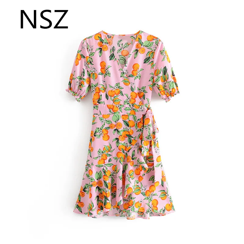 NSZ женское платье с мандариновым принтом, короткое асимметричное платье с коротким рукавом и v-образным вырезом, летнее короткое платье с оборками и поясом Vestidos