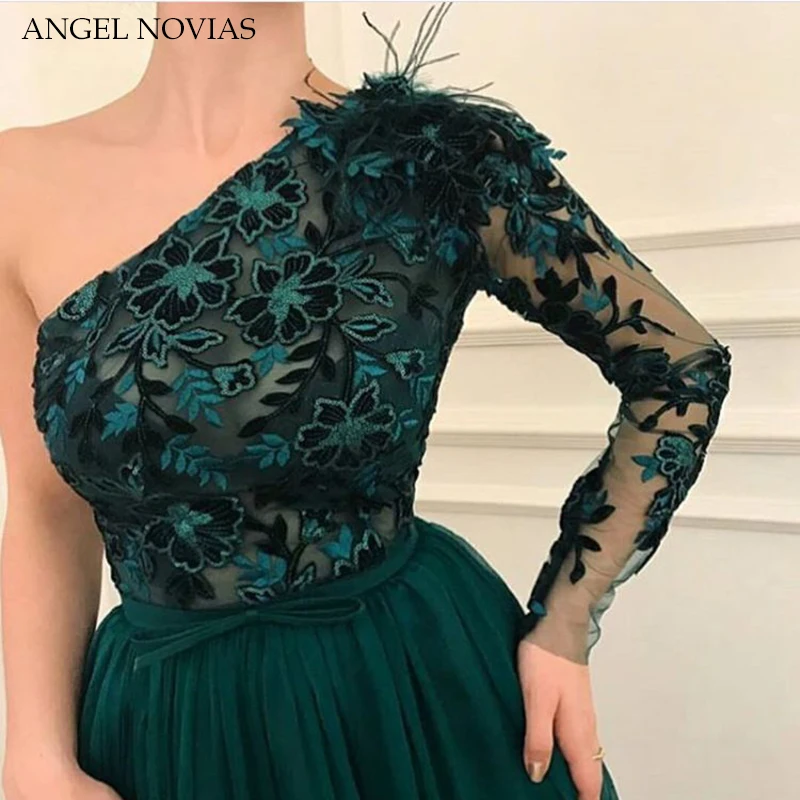 

A Line One Shoulder Tulle Green Dubai Arab Evening Dress 2020 Long Prom Dresses Formal Dress Robe De Soiree with Slit