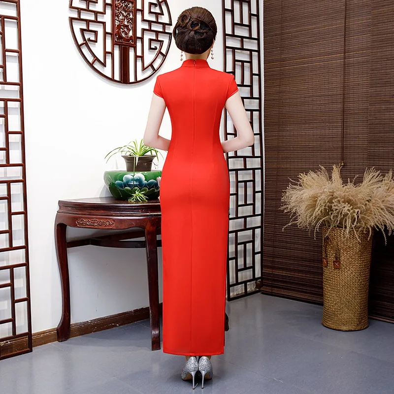 

2019 Sexy Long Cheongsam Traditional Chinese style Short Sleeve Dress Womens Summer Rayon Qipao Slim Party Dresses Vestido
