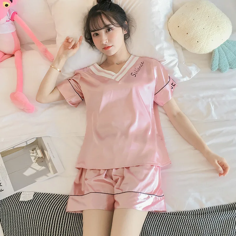 D Pajama girls summer ice silk short sleeves two pieces of suit Korean fresh sweet lovely students thin silk home clothes - Цвет: D