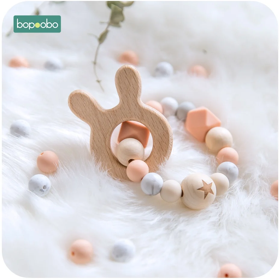 Rabbit Bopoobo 1 шт. детские погремушки из бука кролик зубцы из древесины бусины Силиконовые Прорезыватели браслеты Монтессори игрушки для детей Детские Подарочные игрушки - Цвет: Rabbit