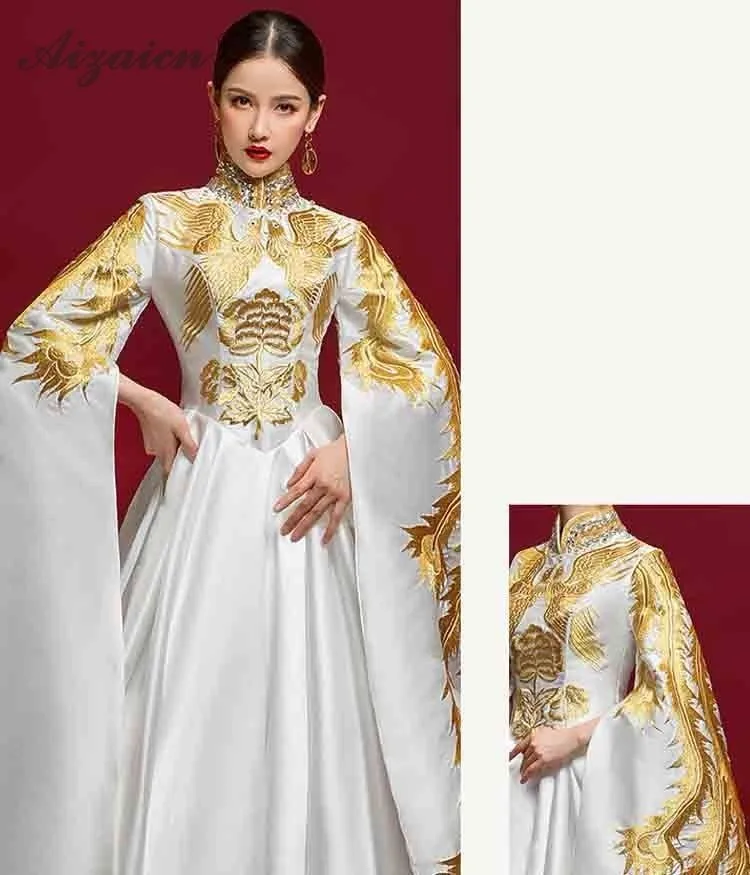 Роскошное китайское вечернее платье с вышивкой Cheongsam,, модное китайское платье с рукавами-колокольчиками и Фениксом, Ципао, современный Восточный стиль, белые платья