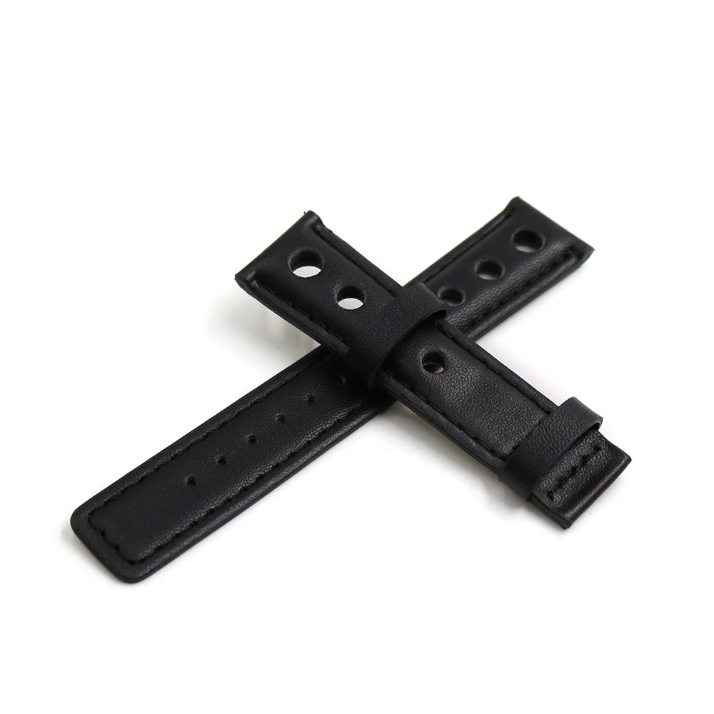 CARLYWET 20mm Real Calf Leather Handmade Black with Black Stitches Wrist Watch Band Strap Belt Without Clasp  For T91 PRS516