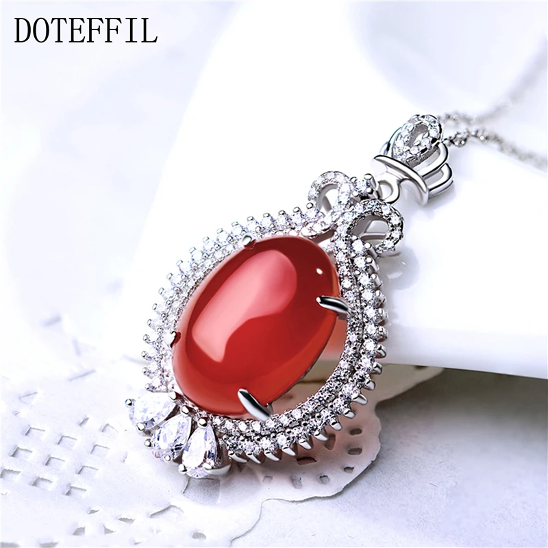 

DOTEFFIL 925 Sterling Silve 18 Inches Water Wave Chain Red Agate Pendant Necklace For Women Engagement Party Wedding Jewelry