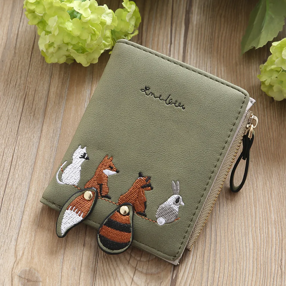 

Women's Cute Animals Wallet Short Purse Embroidery Card Holder Genuine Leather Packs Carteras Para Mujer