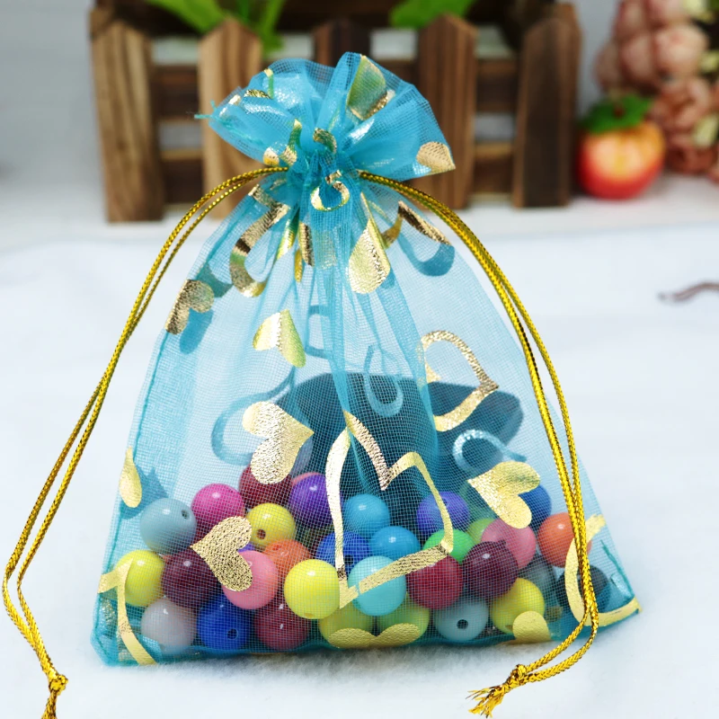 

Lake Blue Organza Bags 20x30cm Heart Print Jewelry Pouches Big Wedding Cosmetics Gift Jewelry Packaging Bags 100pcs/lot