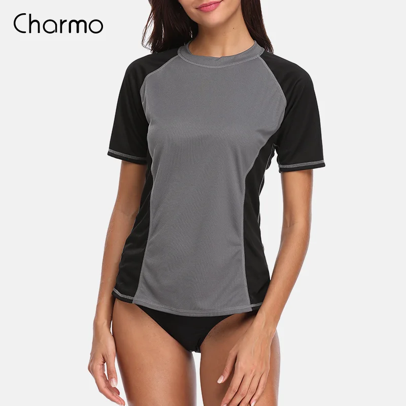 Charmo, короткий рукав, Женский Рашгард, Одноцветный, купальник, для серфинга, топ, для бега, для езды на велосипеде, рубашки, Рашгард, UPF 50