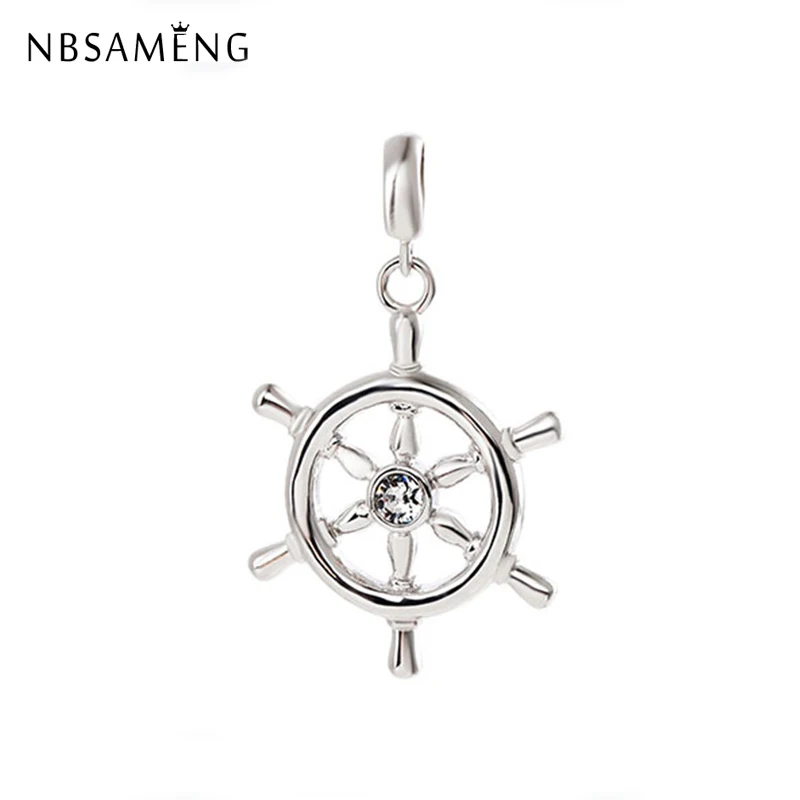 

New 100% 925 Sterling Silver Bead Charm Ship Rudder Wheel Pave CZ Pendant Charms Fit Bracelets DIY Women Jewelry