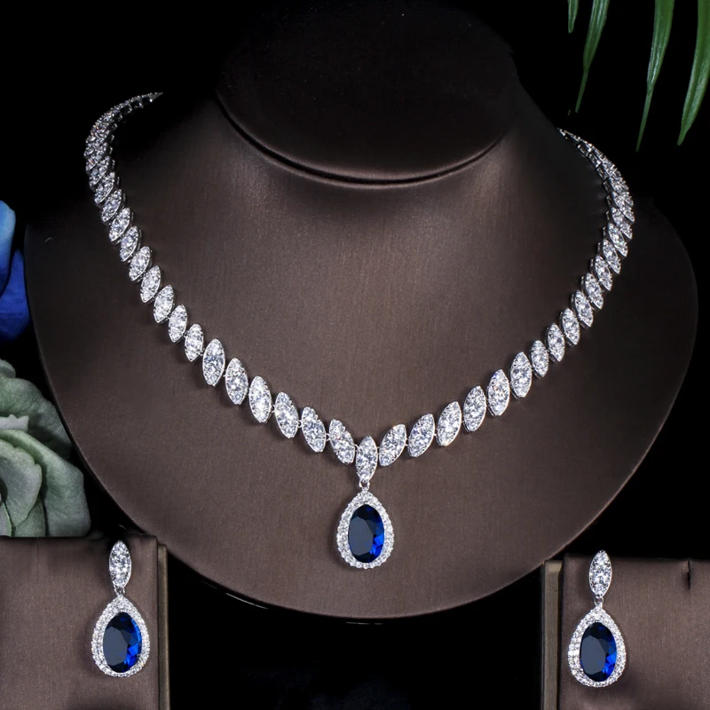ThreeGraces Luxury Wedding Bridal Costume Jewelry White CZ Stone Big Water Drop Earrings Necklace Sets for Brides JS001|Ювелирные