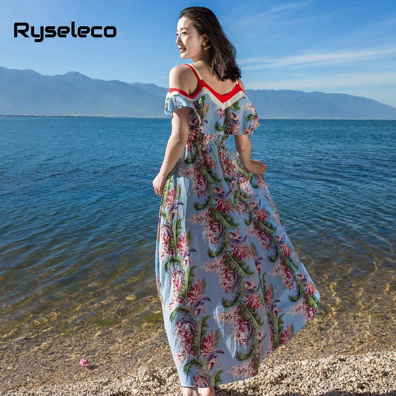 

Ryseleco 2018 Boho Holiday Spaghetti Strap V-Neck Cold Shoulder Dress Women Ruffle Big Swing Elastic Waist Print Chiffon Vestido