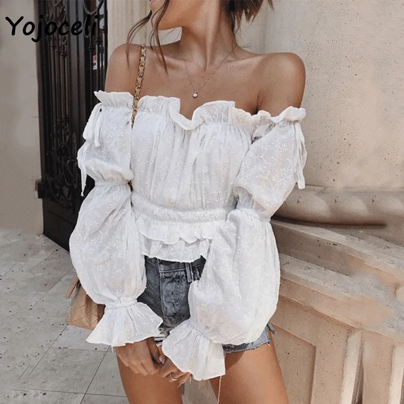 Женская блузка с открытыми плечами Yojoceli Цветочная вышивка пляжные блузы в стиле