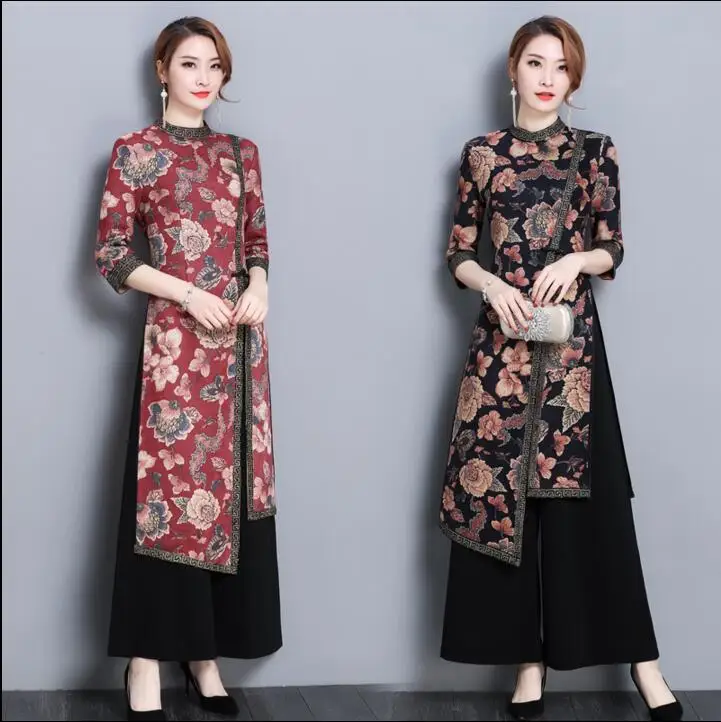 

Модные Cheongsam Брюки с широкими штанинами, костюм женщина китайское традиционное китайское платье Ципао ориентироваться на весну