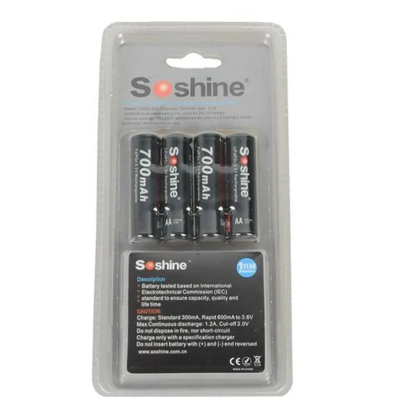 4 шт. горячая Распродажа аккумуляторная батарея Soshine 700 мА/ч 14500 в LiFePO4 AA