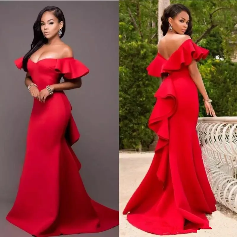 Gorgeous Red Off Shoulder Prom Dress 2019 Satin Backless Mermaid Evening Gown Saudi Arabia Ruched Sweep Train Formal Party | Свадьбы и