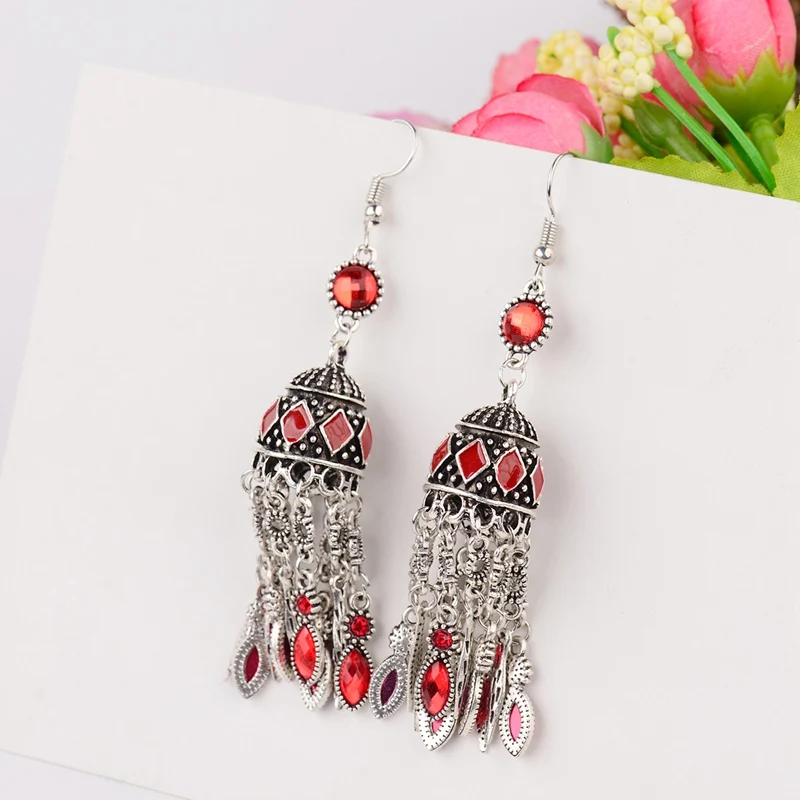 DOUVEI винтажные Синие стразы Jhumka серьги для женщин богемные бисерные кисточкой сережки oorbellen Египетский Цыганский Таиланд HXE088