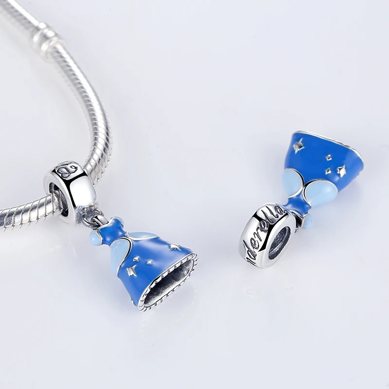 925 Sterling Silver Jewelry Blue Enamel Cinderella Dress Dangle Pendant Charm Fits Pandora Bracelet Necklaces XGPA156 | Украшения и