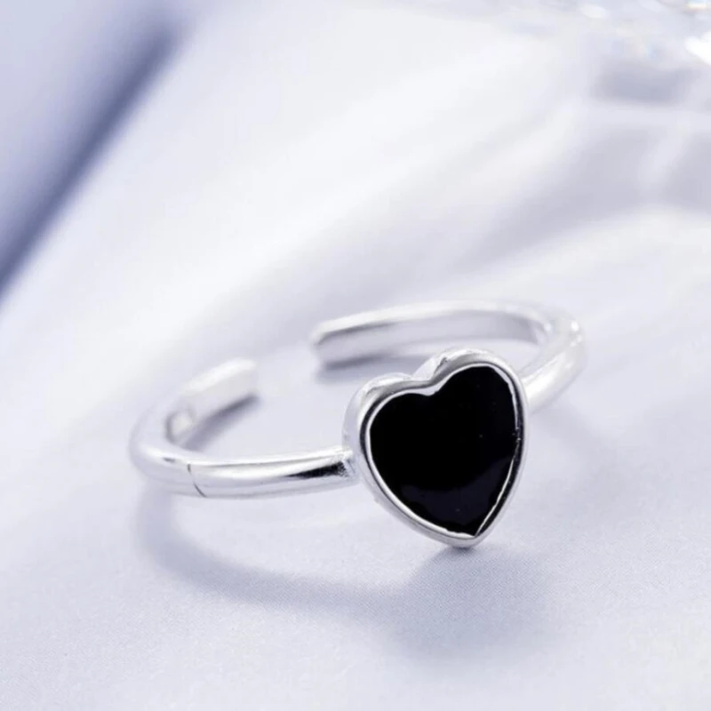 

Sole Memory Black Dripping Glaze Heart Sweet Romantic Cute Silver Color Female Resizable Opening Rings SRI239