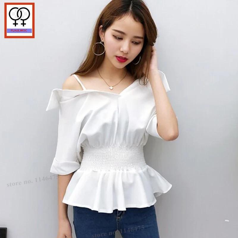 Off Shoulder Tops New Designer Vintage Women Summer Open Off Shoulder Blouse Peplum Top Cute Sweet Ladies Sexy White Shirts 800