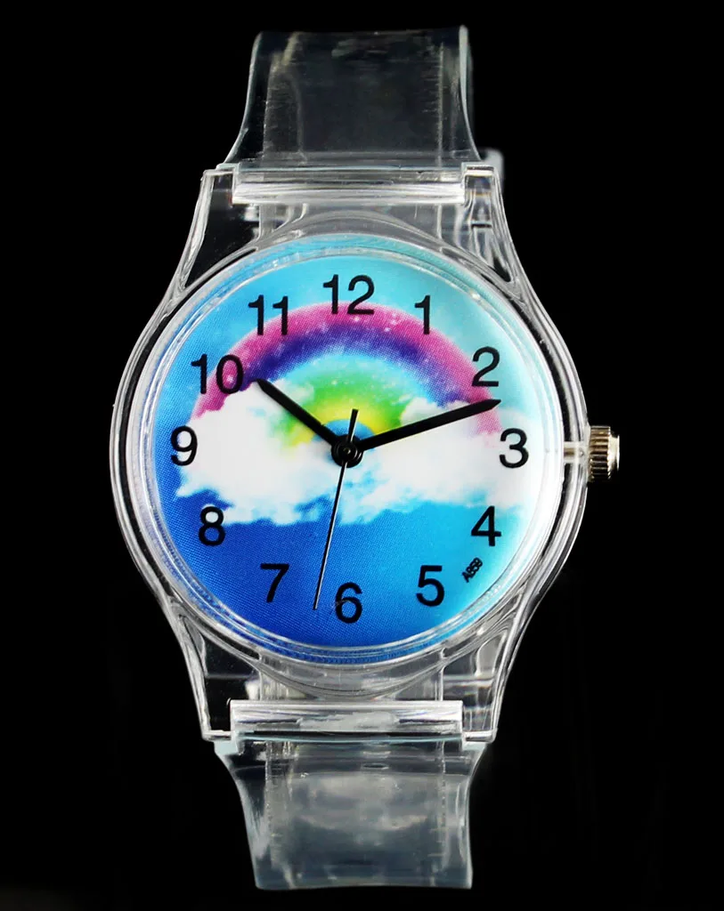 Rainbow Stripe White Clouds Multicolor Kids Circle Cartoon Transparent Student Sport Children Boy Girl Gift Wrist Watch