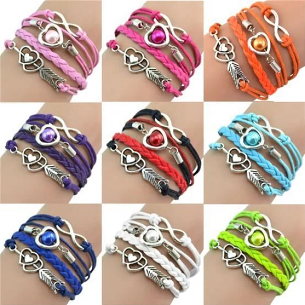 Женский многослойный браслет Infinity Cupid Love Heart Wings очаровательный кожаная цепочка