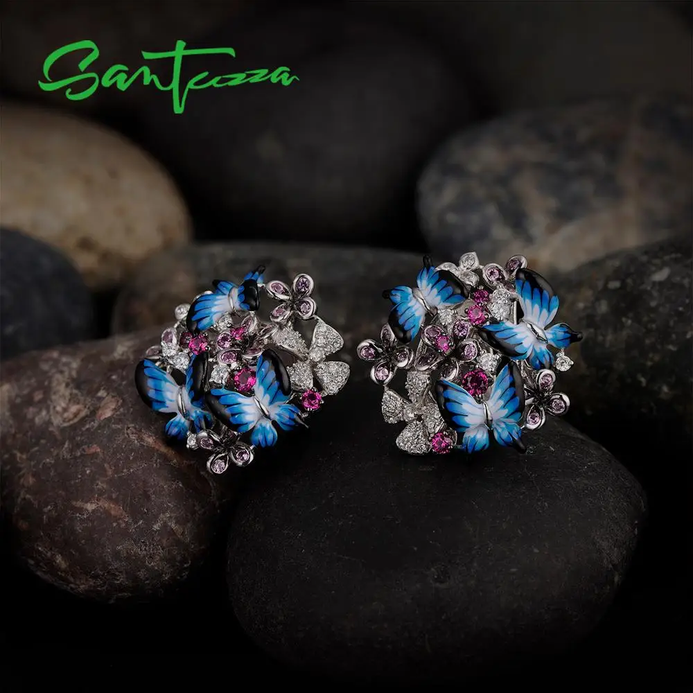 SANTUZZA, серебряные серьги для женщин, 925 пробы, серебряные серьги, кубический цирконий, нежная голубая бабочка, модное ювелирное изделие, эмаль