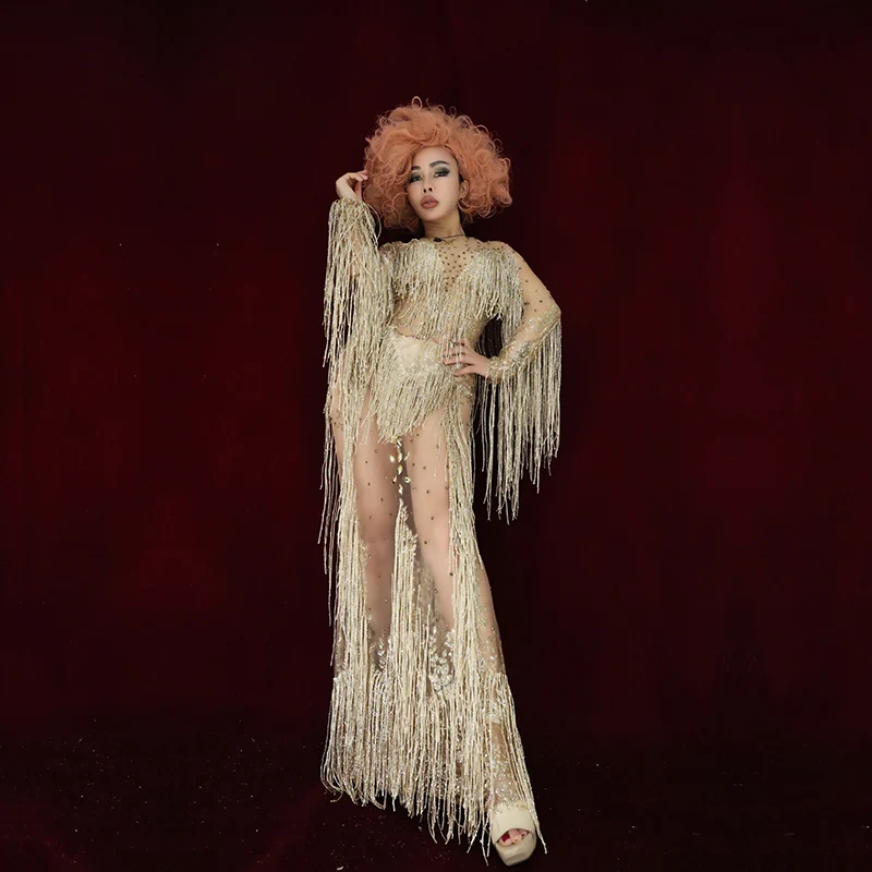 Sexy Perspective Gold Crystals Tassels Long Dress Bar Nightclub Women Singer Host Costume Party Celebration Stage Wear | Женская одежда