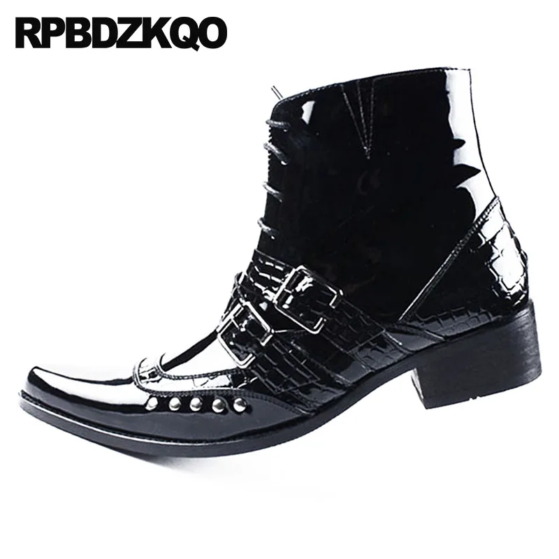 Rivet Punk Snakeskin Mens Black Patent Leather Boots Rock Booties Pointed Toe Fall Shoes Stud British Style Metalic Chunky Ankle