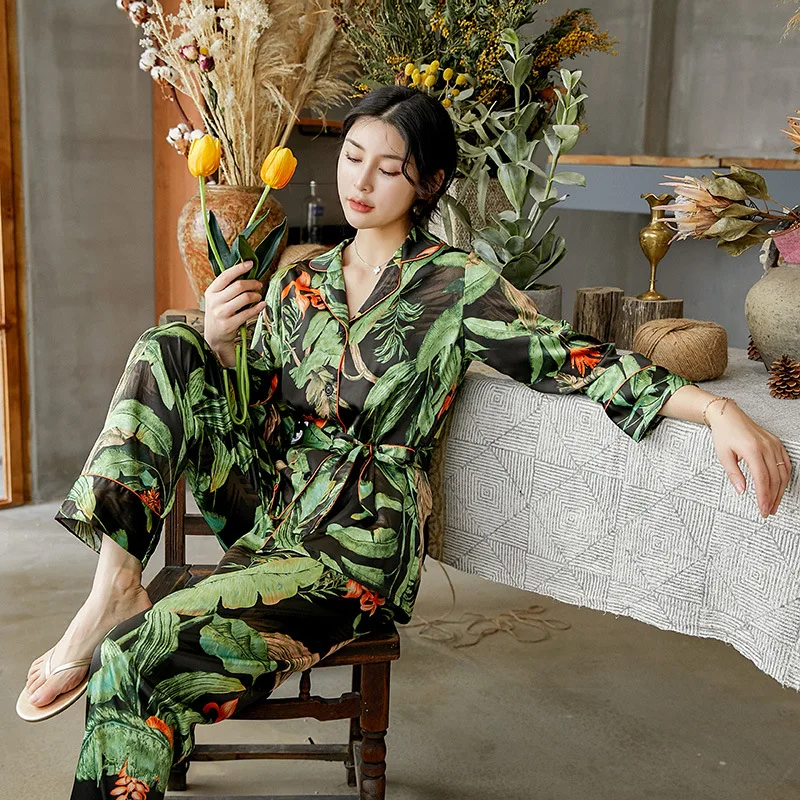 Printed Leaf Pajama Set Green Silk Stain Pijama Set Pants Set Lingerie Kimono Underwear Pyjamas Women Pajamas Sexy Lingerie