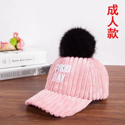 Adult pink Новая детская шапка из плотного бархата на осень и зиму, детская теплая шапка с ушками, бейсбольная кепка с помпоном из искусственного кроличьего меха для мальчиков и девочек 2-9 лет - Цвет: Adult pink