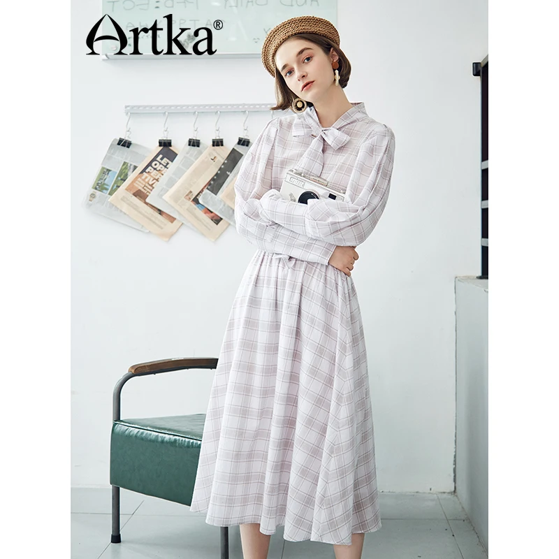 ARTKA 2018 осенне-зимнее Новое Женское хлопковое платье с галстуком-бабочкой и