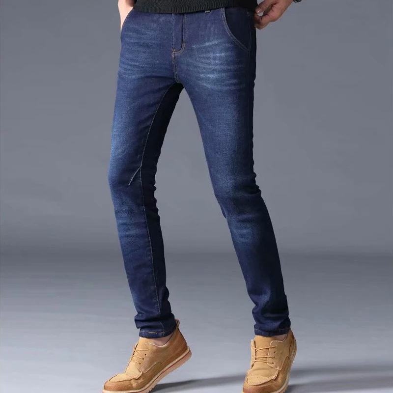 Solid Pencil Pants Men jeans 2019 Winter Jeans pants Full Length Midweight Mid Zipper Fly Loose Pants Jeans Denim Men Trousers