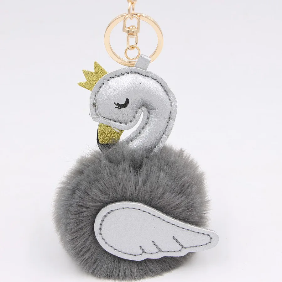 Dark Grey Silver Милые помпоны, брелоки в виде лебедя для женщин, автомобильная сумка, брелок, пушистый мех кролика, шар, фламинго, брелок, брелоки, подвеска, ювелирное изделие, подарок - Цвет: Dark Grey Silver