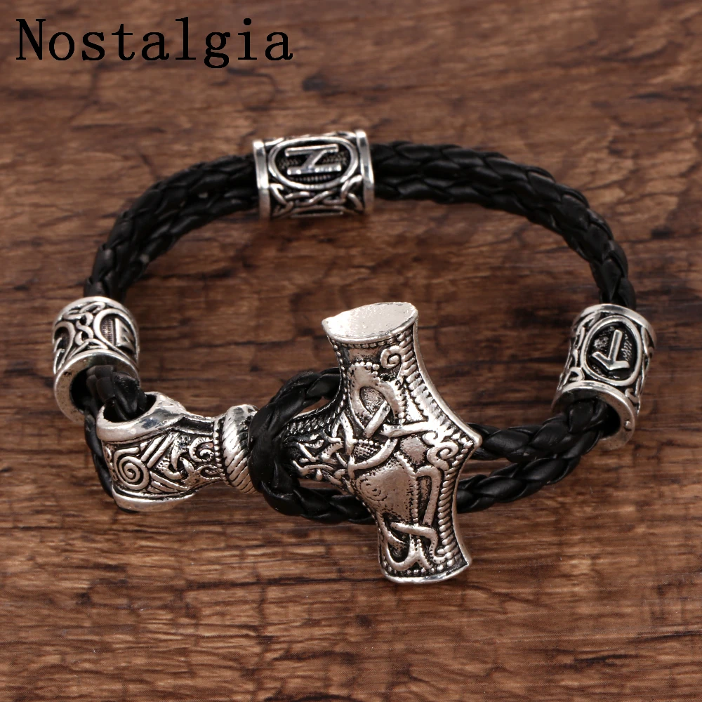 Ностальгия Thor Hammer Mjolnir бисер с рунами Viking браслет Norse Vikingos аксессуары