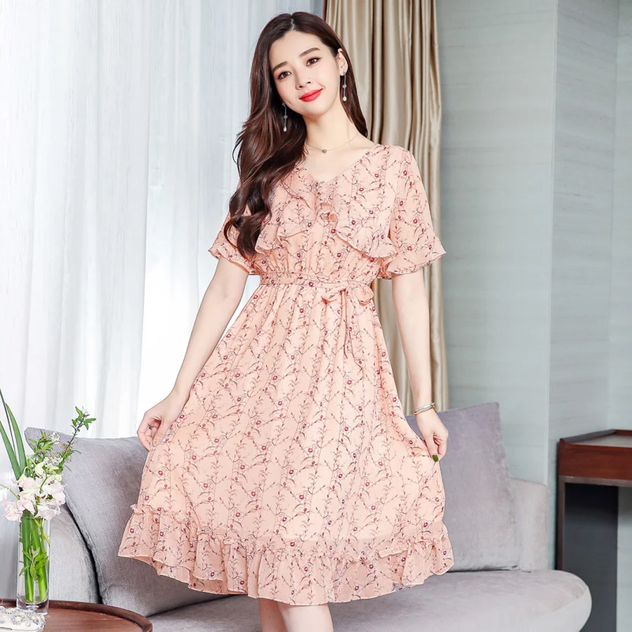 2019 Винтаж 3XL плюс размеры розовый принт пляжные наряды лето сладкий шифон Boho миди