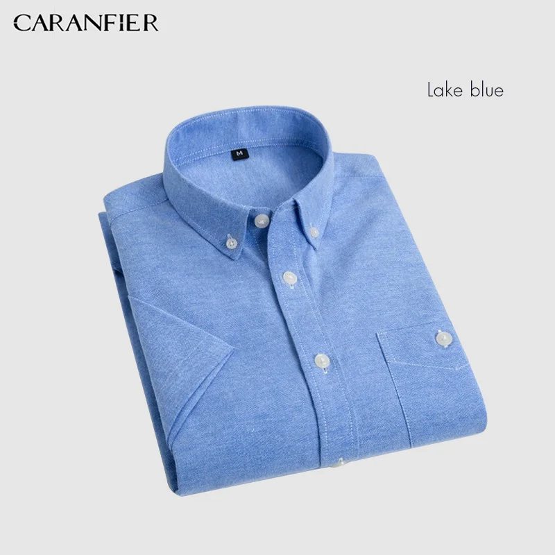 Синий CARANFIER, мужская рубашка, Оксфорд, формальная, Social, деловая, мужская, облегающая, короткий рукав, одноцветная, Классическая, для отдыха, рубашки, Chemise Homme - Цвет: Синий
