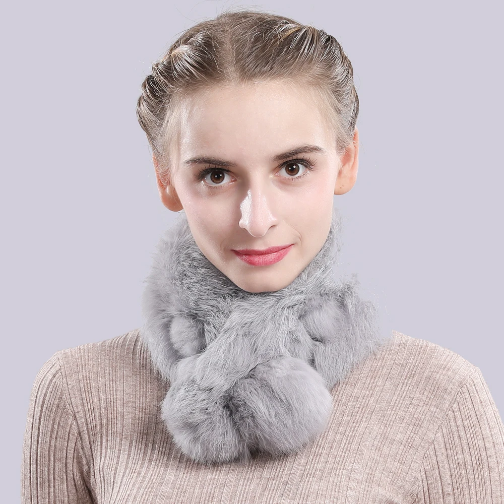 Женский вязаный шарф из натурального кроличьего меха модный теплый с кольцом