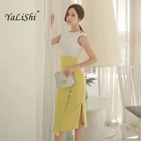 yalishi 2 piece set women suit 2022 summer white o neck sleeveless blouse shirt tops and split slim skirt crop top and skirt set