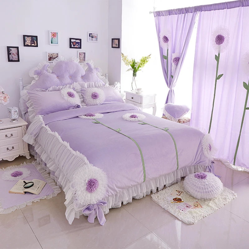 

Warm Crystal Flannel Dandelion Lace Bedding set Fleece 3/4/6/8pcs Duvet cover set Bed skirt Mat Curtains Twin Queen King size