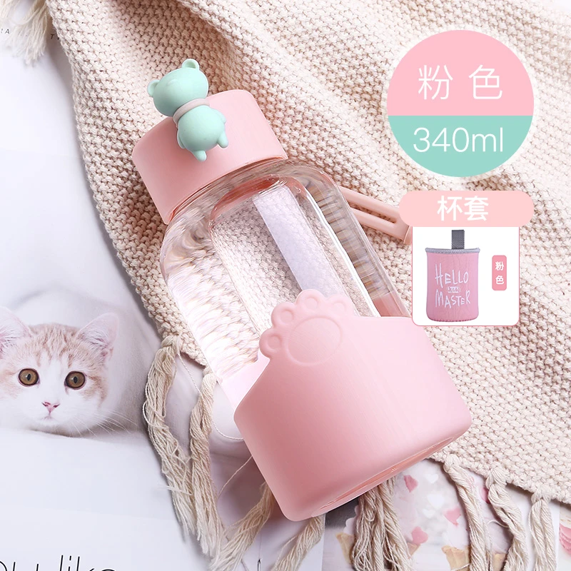 pink Милый дизайн стеклянная чашка бутылка с ручкой для воды кофейная кружка с силиконовым покрытием портативная бутылка для напитков для девочек стакан чашки - Цвет: pink