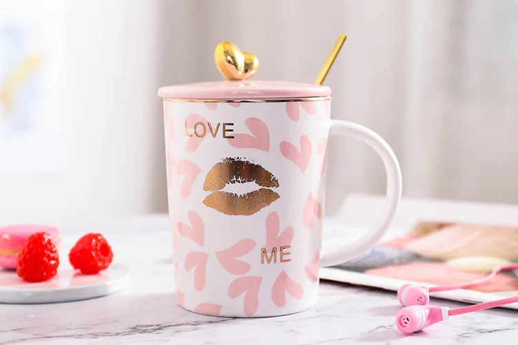 420 мл деловая розовая Золотая кофейная кружка креативная керамическая кружка кофейная чашка с крышкой и ложкой офисная керамическая чашка с ручкой