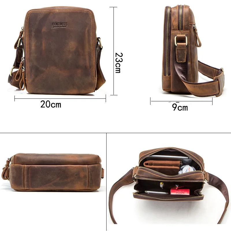 Men Bag Crazy Horse Leather Messenger Back Male Shoulder Fashion Crossbody Flap Business Travel Ipad Handbags father's day Gift