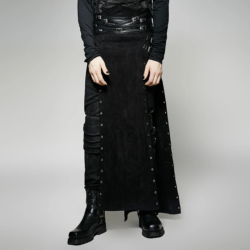 

Steampunk Personality Black PU Leather Long Split Skirt for Men Punk Gothic Handsome Casual Pants Stage Performance Trousers