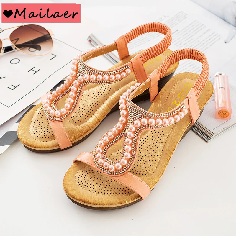 2019 summer new women's wedge sandals diamond beads jewelry decorative simple casual wild shoes | Обувь
