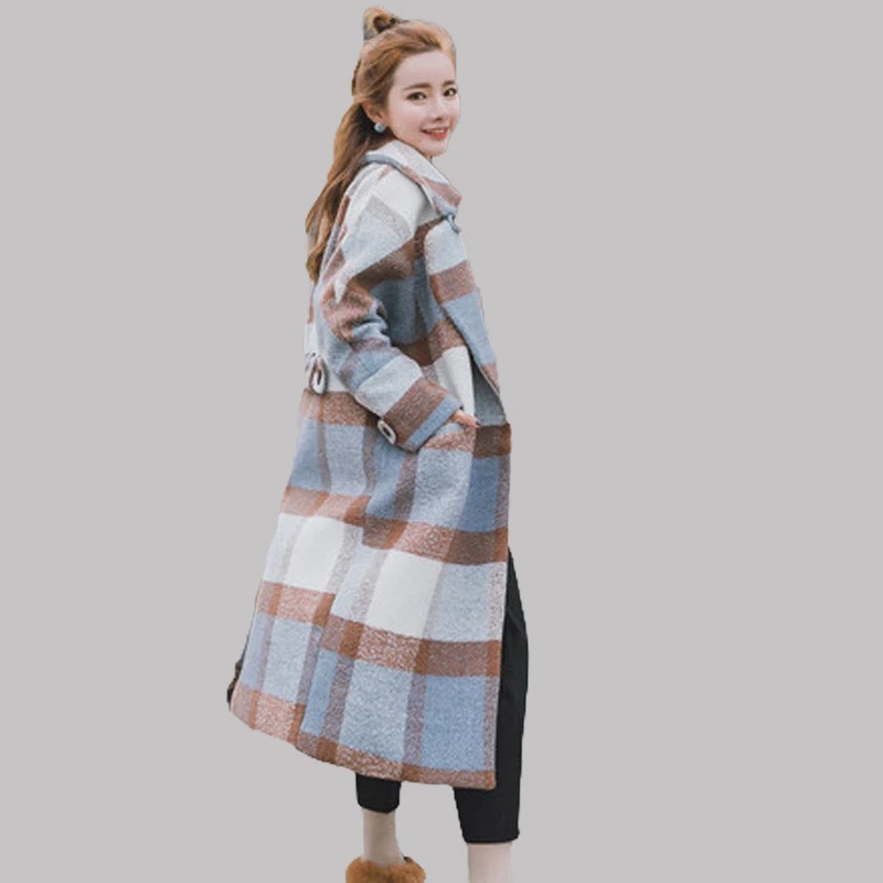 

Winter 2018 Fashion Women's Wool Coat Autumn Classic Plaid Patchwork Woolen Jacket Thicken Long Outerwear Female Loose fashion