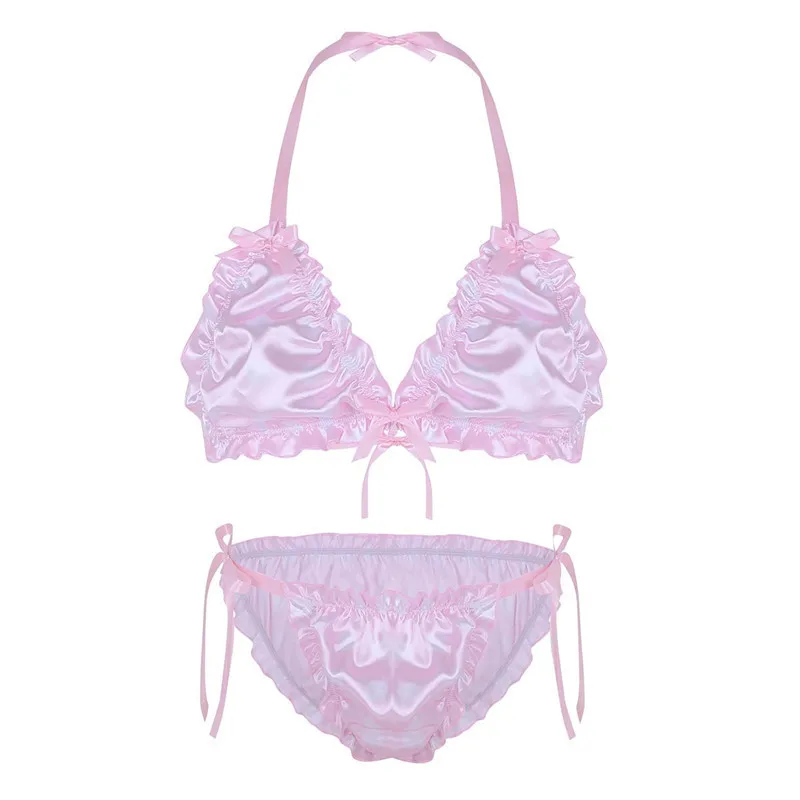 Pink Мужской гофрированный Frilly Блестящий гладкий горошек Strappy Сисси набор белья бикини без косточек Холтер бюстгальтер топ с трусами нижнее белье - Цвет: Pink