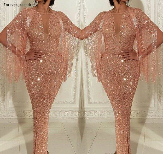 

2019 Cheap Rose Pink Evening Dress Arabic Dubai Sequined With Tassel Holiday Women Wear Formal Party Prom Gown Plus Size