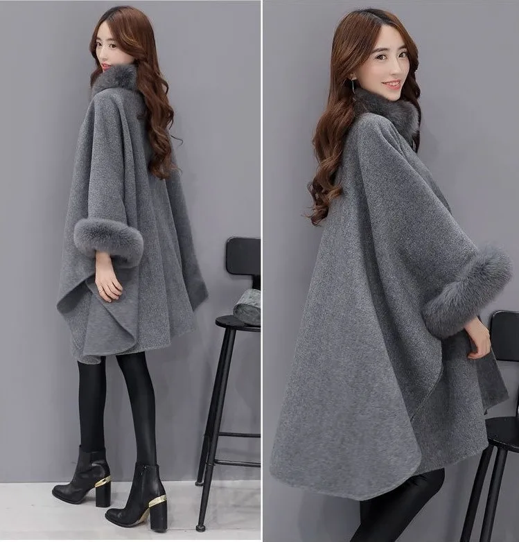 

2018 winter new Korean fox fur collar long wool woolen coat temperament cloak shawl coat female