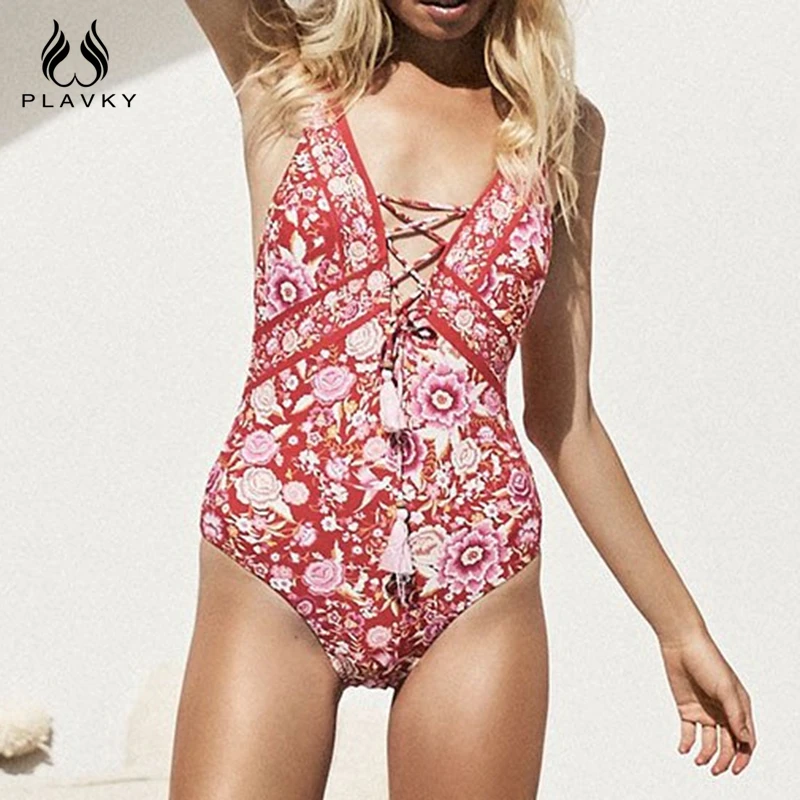 PLAVKY/2019 сексуальный глубокий вырез Цветочная шнуровка бахрома трикини костюм для