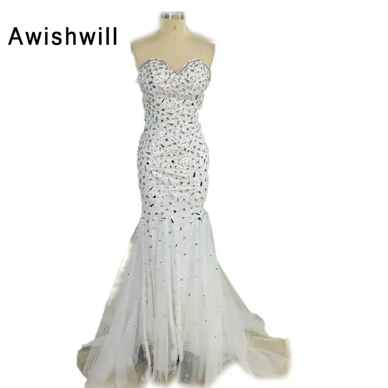 

2018 Hot Sale Mermaid Evening Dresses Real Photos White Long Prom Gowns Sexy Beading Crystal Party Dress Vestidos de Gala Largos