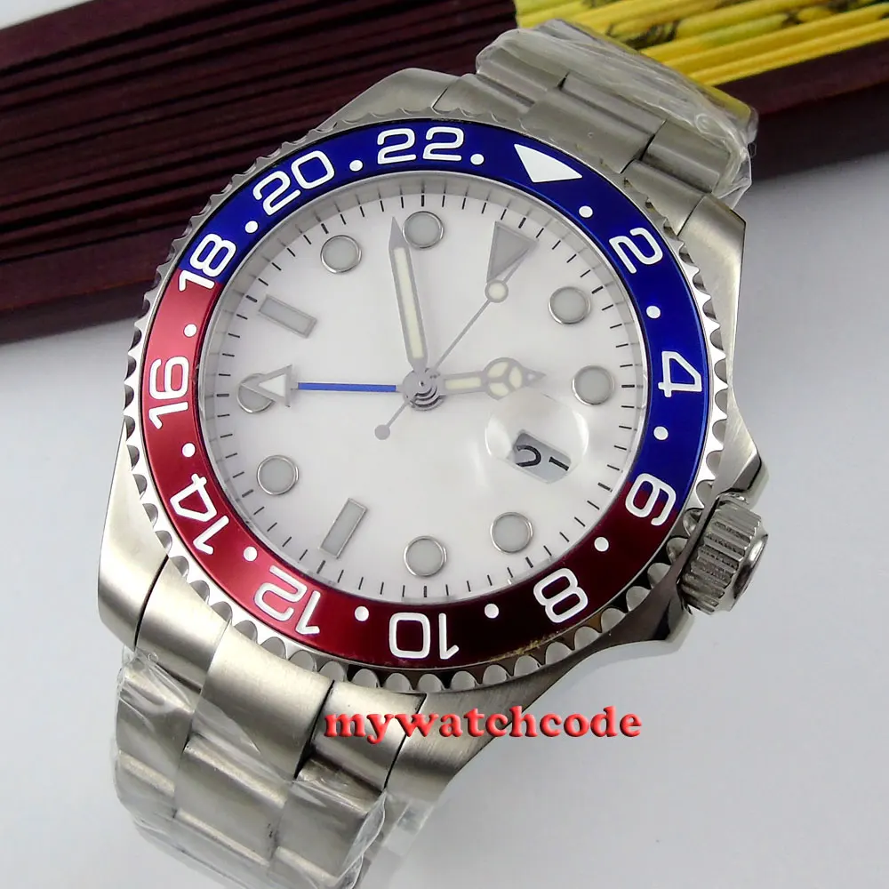 43 мм bliger стерильный белый циферблат синий световой GMT сапфировое стекло